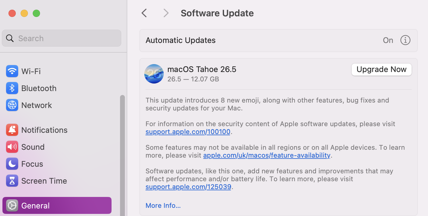 If you want to quickly check if macOS Tahoe is in fact available for you to download and install, open your System Settings. Go to general > Software Update. If you see macOS Tahoe listed, you can click on Upgrade Now. Seeing this means your device is compatible and can safely install the new OS right away.