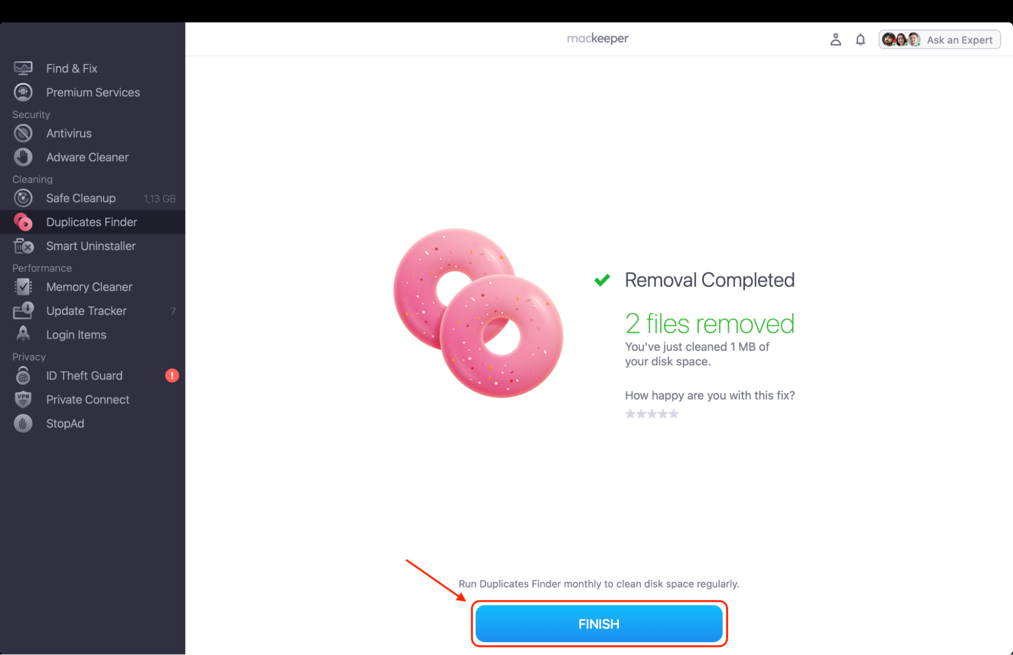 Click Start Scan in MacKeeper and allow the app to search through your folders, detecting duplicate files and grouping them for easy review.