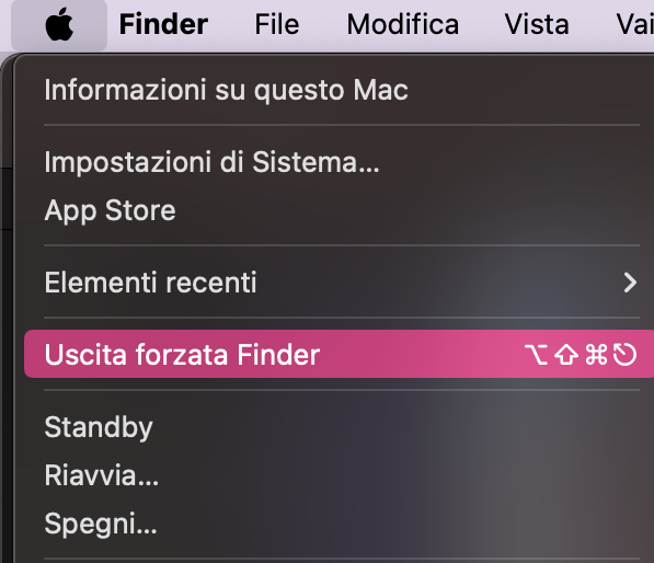 Esegui la uscita forzata di Finder facendo clic sul logo di Apple e premendo Option + Shift sulla tastiera. Quando appare l’opzione Uscita forzata Finder nel menu a discesa, fai clic su di essa.