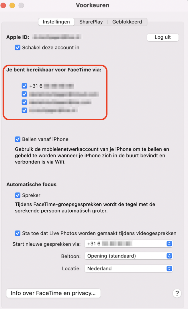 Als je niet kunt inloggen bij FaceTime, controleer dan of je telefoonnummer correct is. Ga naar FaceTime en controleer je nummer. Ga vervolgens op je Mac naar de FaceTime-voorkeuren en bekijk welke telefoonnummers en e-mailadressen gebruikt kunnen worden om je te bereiken.