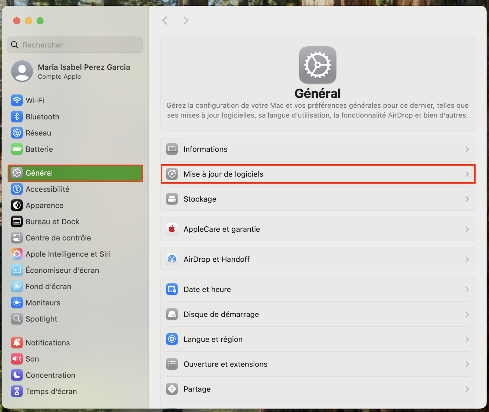 L'autre méthode pour résoudre le problème de la clé USB non détectable consiste à mettre à niveau macOS. Rendez-vous dans Réglages depuis le menu Apple, déroulez jusqu'à la section Général. Cliquez sur Mise à jour de logiciels.
