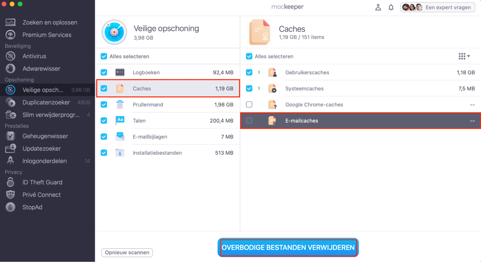 Veilige Opschoning van MacKeeper na een scan. ‘Mail caches’ en de knop ‘Ongewenste bestanden opruimen’ zijn gemarkeerd. Dit maakt deel uit van een handleiding over hoe je de Mail cache op een Mac wist met een cleaner.