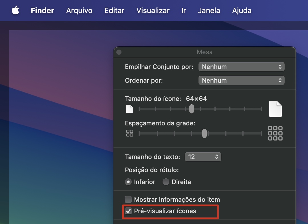 A janela pop-up Mostrar Opções de Visualização será exibida, com a opção Pré-visualizar ícones destacada como selecionada.