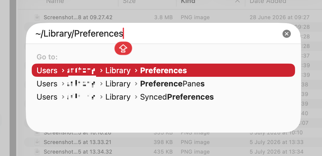 In the 'Go to Folder' panel, type in '~/Library/Preferences'. Select the right result by clicking on it or pressing Return. This will take you to the folder where the Bluetooth .plist file is stored in macOS Ventura and other versions of the OS.