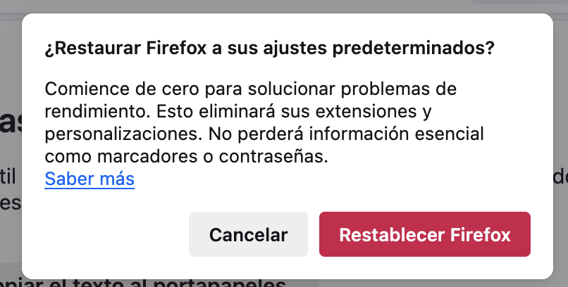 Un cuadro de diálogo en Firefox en Mac, preguntando sobre restablecer Firefox. Cómo restablecer Firefox, un paso en una guía sobre cómo eliminar las ventanas emergentes falsas de McAfee en Mac.