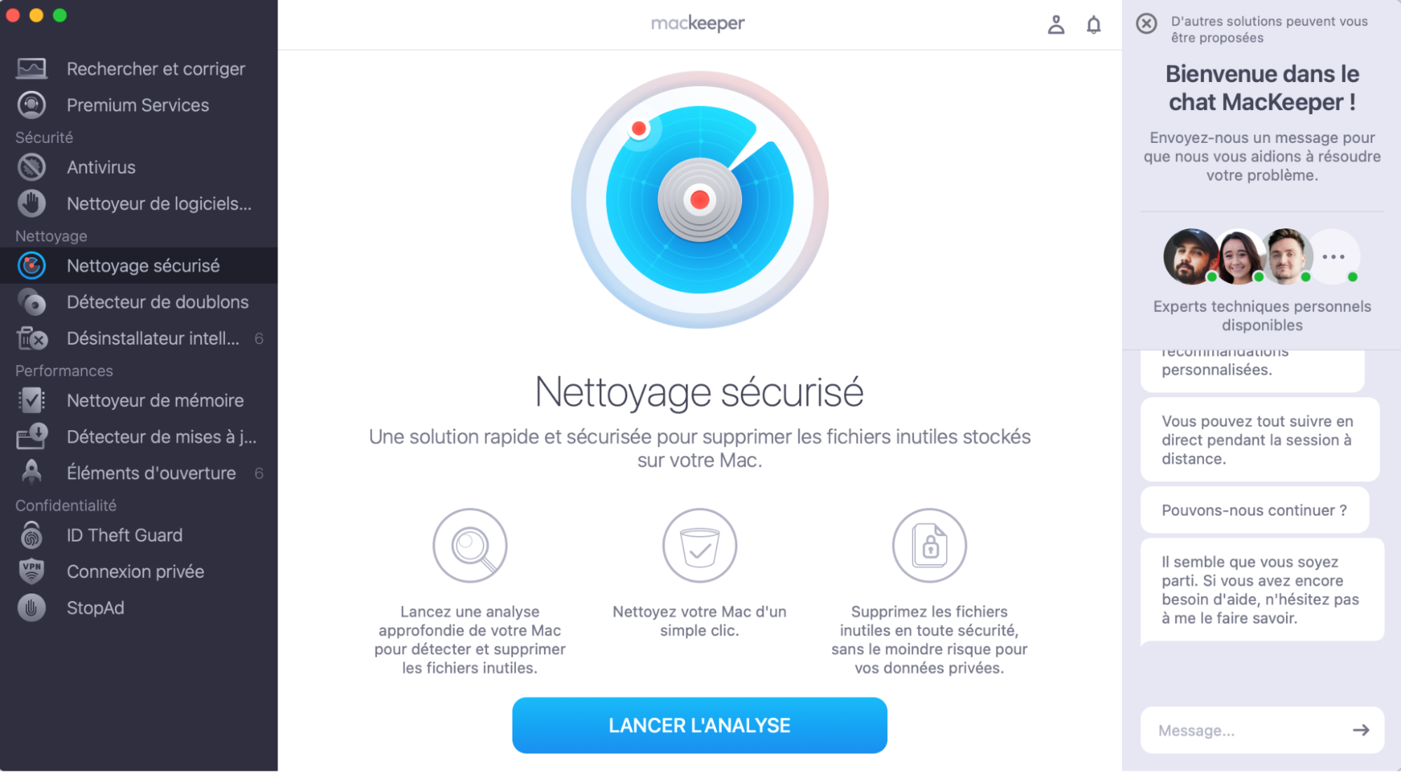 Pour utiliser MacKeeper afin de supprimer les cookies et le cache du navigateur de votre Mac, ouvrez simplement MacKeeper, sélectionnez Nettoyage sécurisé dans la barre latérale, puis cliquez sur Lancer l'analyse.