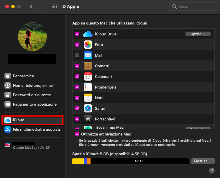 Il menu Account Apple nelle Preferenze di sistema del Mac. Puoi ottimizzare l’archiviazione del Mac dal menu iCloud, per liberare spazio.