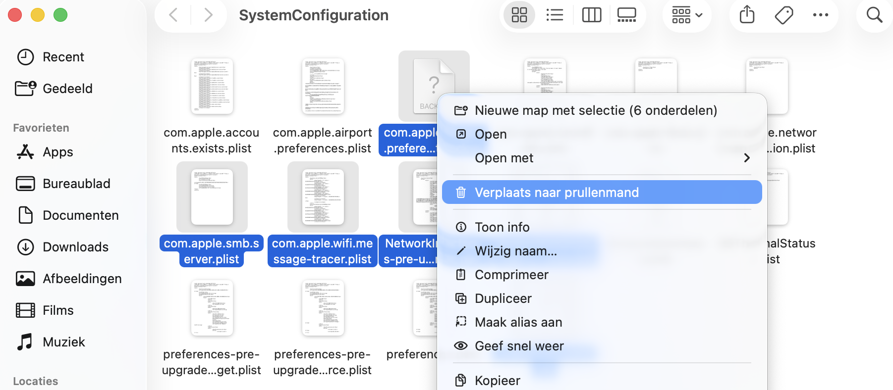 Doorzoek de systeemconfiguratiebestanden van je Mac naar onnodige Wi-Fi-bestanden, selecteer ze en verplaats ze naar de Prullenmand om je internetinstellingen te resetten en de verbinding en snelheid te verbeteren