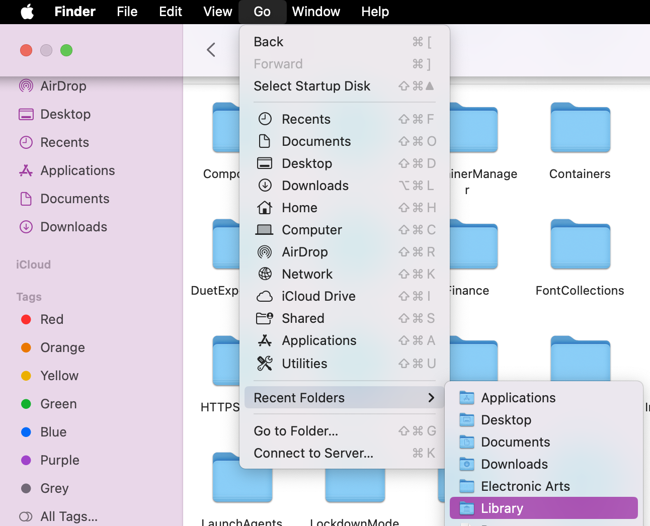 To see if any of your photos are hidden in the wrong folders on your MacBook, we suggest looking through your entire content library. To do this, open Finder and click on Go > Library. This will bring up a bunch of blue folders that may have your lost photos hidden within them.