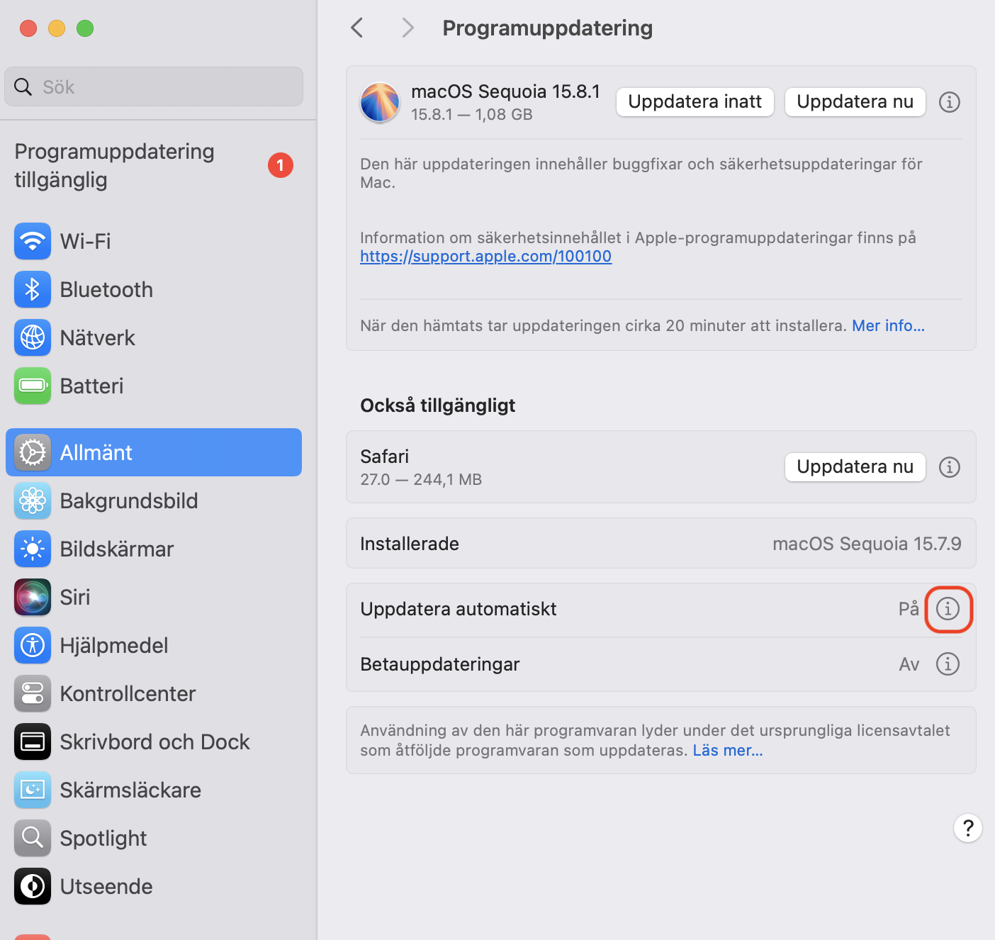 I fönstret ser du Uppdatera automatiskt. Klicka på i-ikonen för att se mer information om uppdateringar.