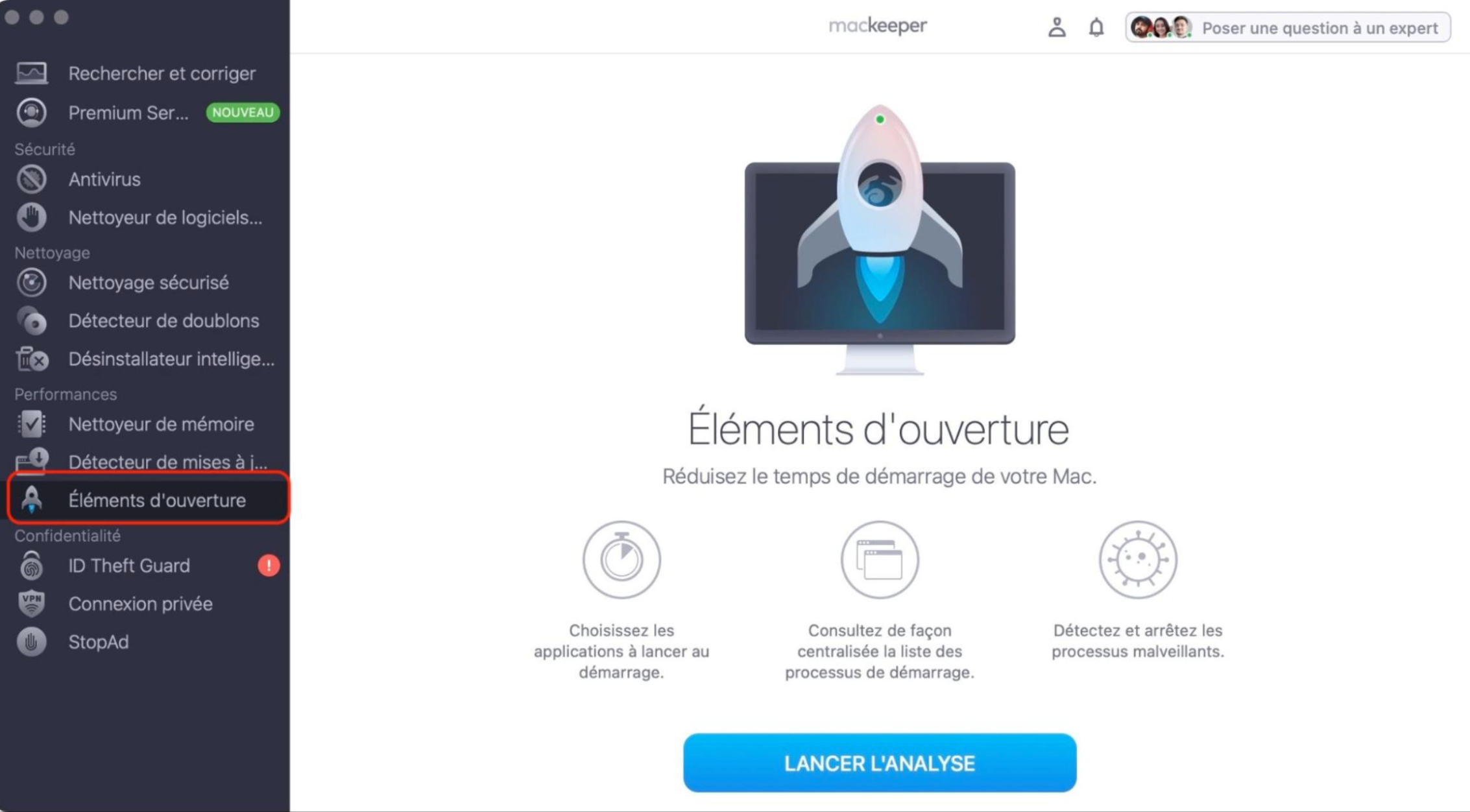 Pour choisir les applications que vous voulez lancer au démarrage, utilisez l'outil Éléments d'ouverture de MacKeeper. Lancez MaKepper et sélectionnez Éléments d'ouverture, puis cliquez sur Lancer l'analyse.
