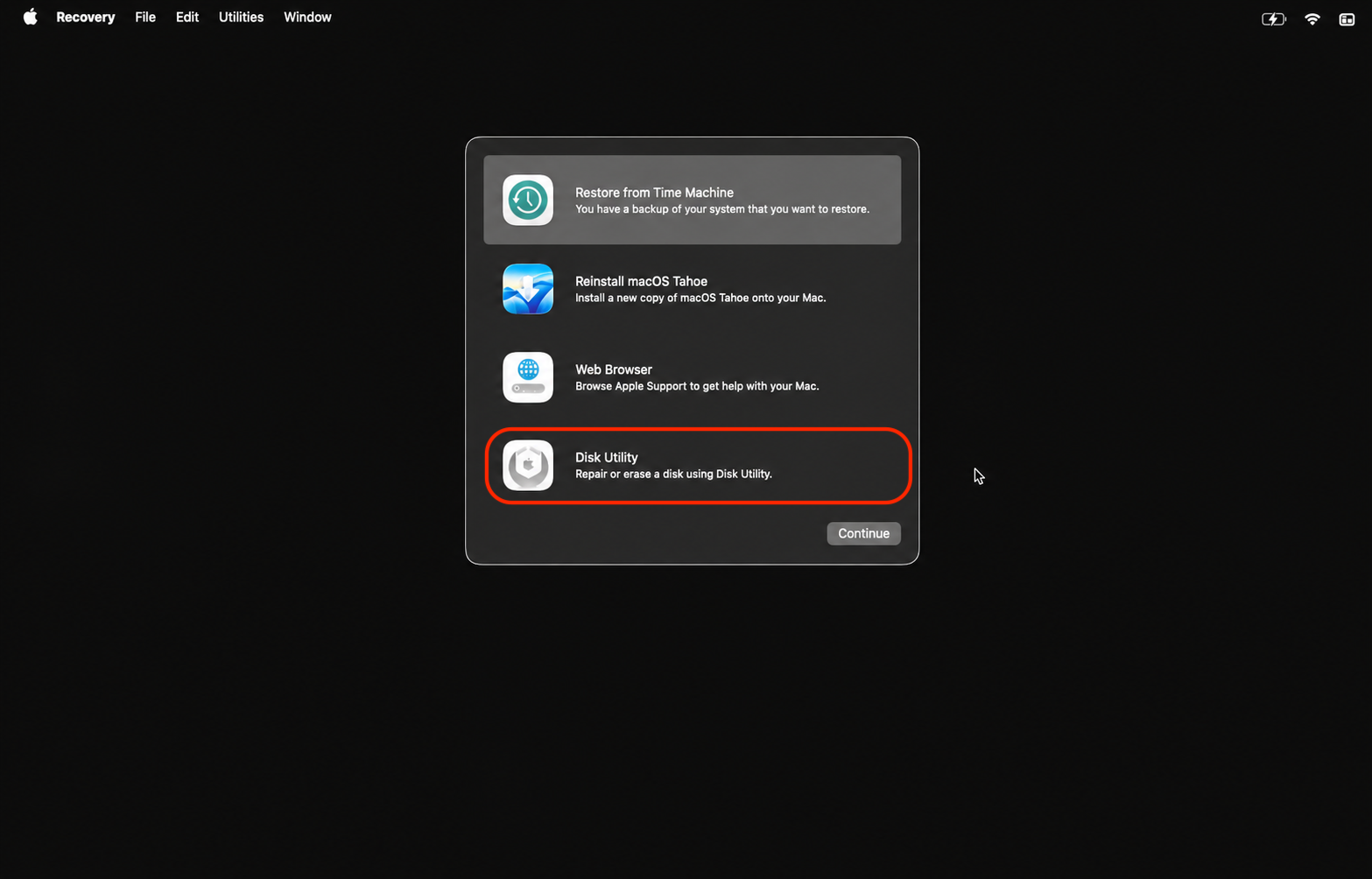 macOS Recovery Utilities window on a Ventura Mac with Disk Utility highlighted, then the Continue button to open the tool.
