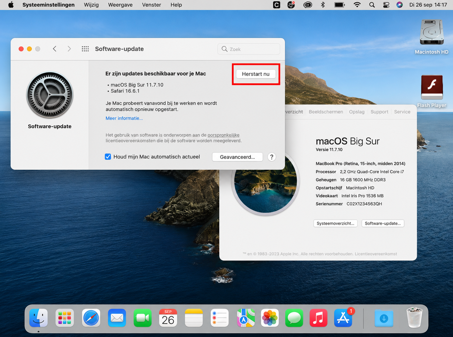 Om de verborgen bureaubladpictogrammen te herstellen, werk je de Mac-software bij. Klik hiervoor op de knop Software-update en wacht terwijl je MacBook zoekt naar beschikbare updates. Klik vervolgens op Nu opnieuw opstarten.