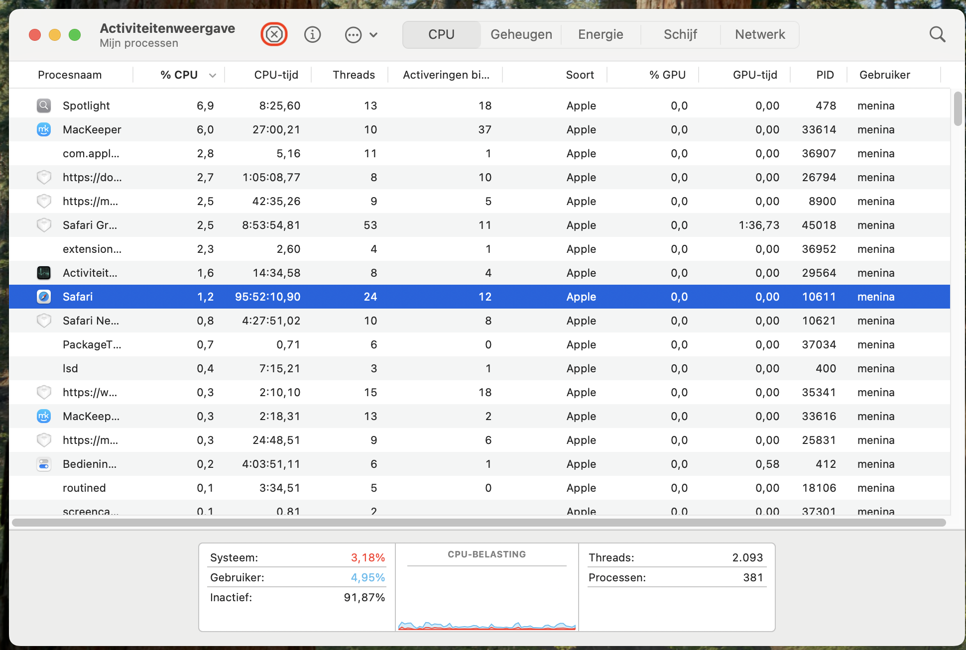 Venster Activiteitenweergave geopend met een lijst van alle actieve processen op een Mac