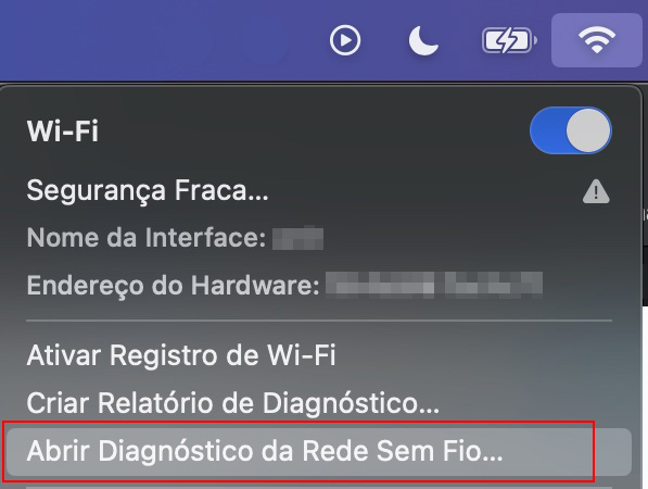 Para identificar a origem do problema de Internet no seu Mac, clique no ícone de Wi-Fi na barra de menu enquanto mantém pressionada a tecla Option e, em seguida, selecione Abrir Diagnóstico da Rede Sem Fio.