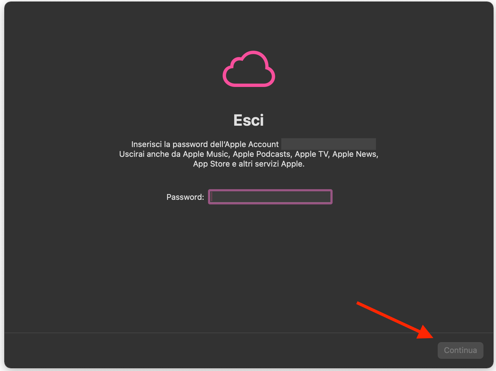 Assistente Inizializzazione del Mac chiede all'utente di disconnettersi dal proprio Account Apple. Farlo consente all'utente di ripristinare le impostazioni di fabbrica su MacBook.
