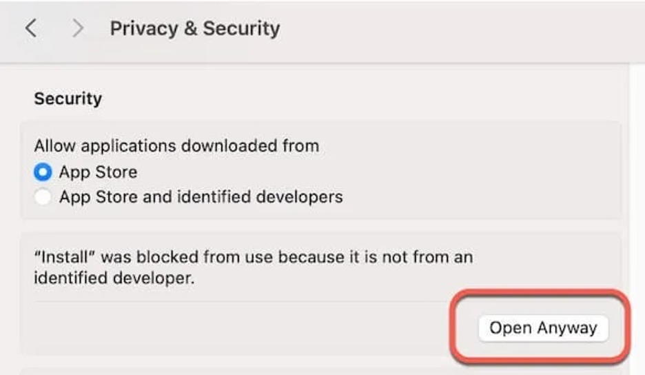 To allow an unverified app to be installed on your Mac, click the Open Anyway button.