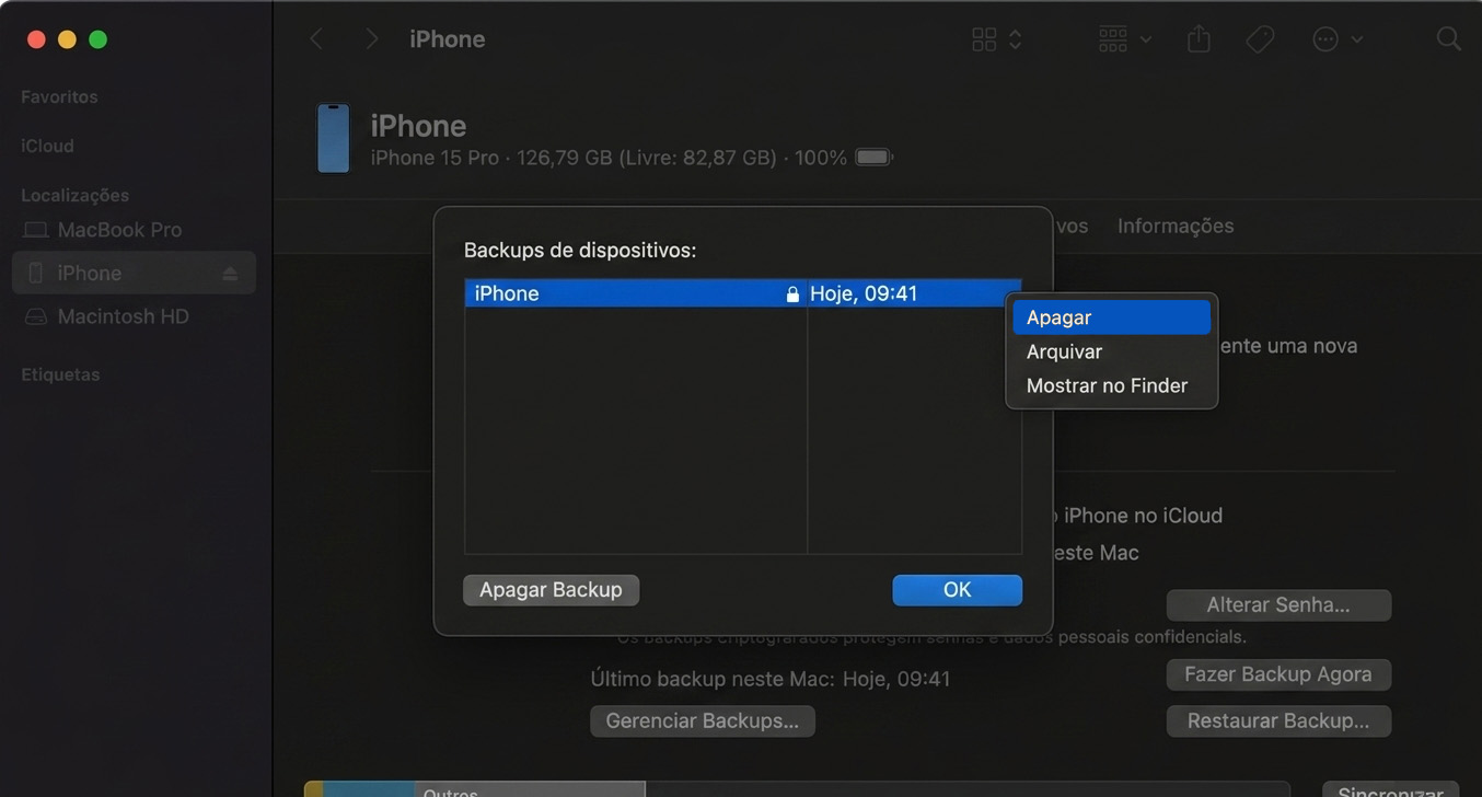A pasta Arquivos do iOS está selecionada no Finder. Você pode ver seu dispositivo iOS conectado aqui.