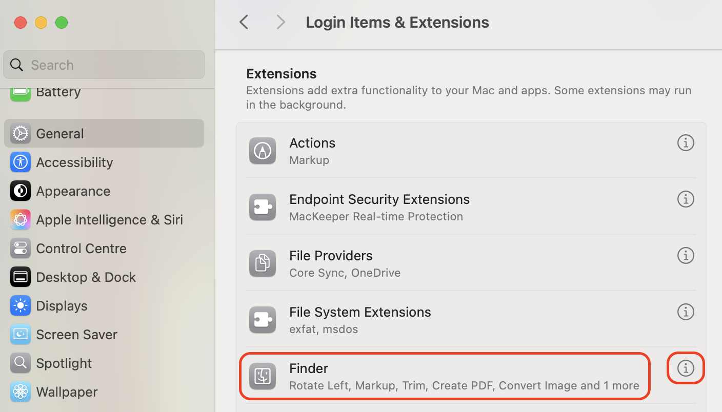 In System Settings, type in Login Items & Extensions, locate the Finder entry, and click the Info icon or text to view details.