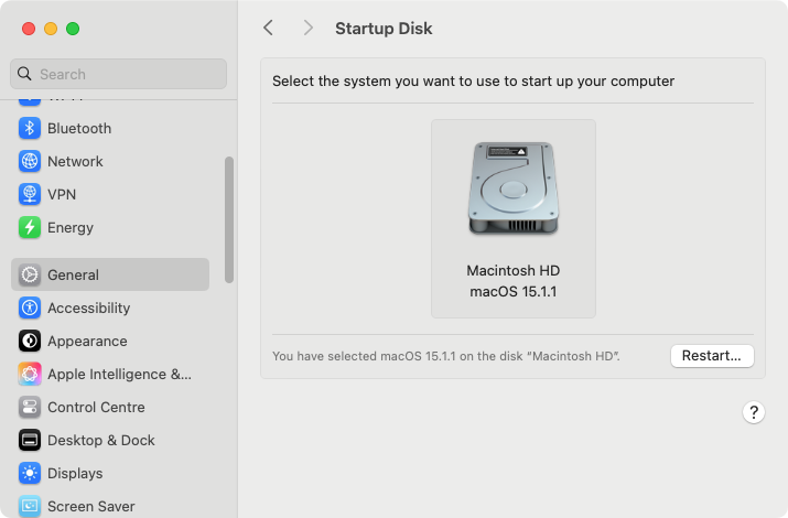 In the macOS Startup Disk settings, make sure your desired startup disk is selected. Then click the 'Restart' button, and hopefully your Mac's problems will be fixed. In the macOS Startup Disk settings, make sure your desired startup disk is selected. Then click the 'Restart' button, and hopefully your Mac's problems will be fixed.