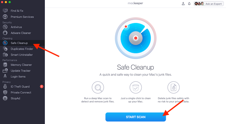 MacKeeper on macOS Monterey shows the Safe Cleanup tool. Click Start Scan to find all hidden junk on your system.