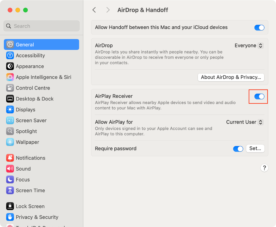To use your MacBook as a second screen with another Apple device, turn on the AirPlay Receiver toggle.
