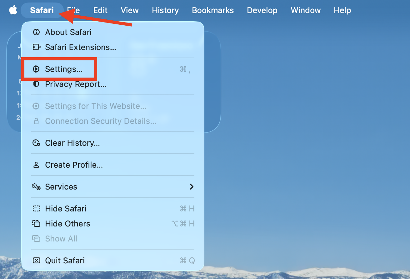 The Settings option inside the Safari menu on Mac. Before you can clear the Google Drive cache on Mac in Safari, you first need to enable options for web developers.