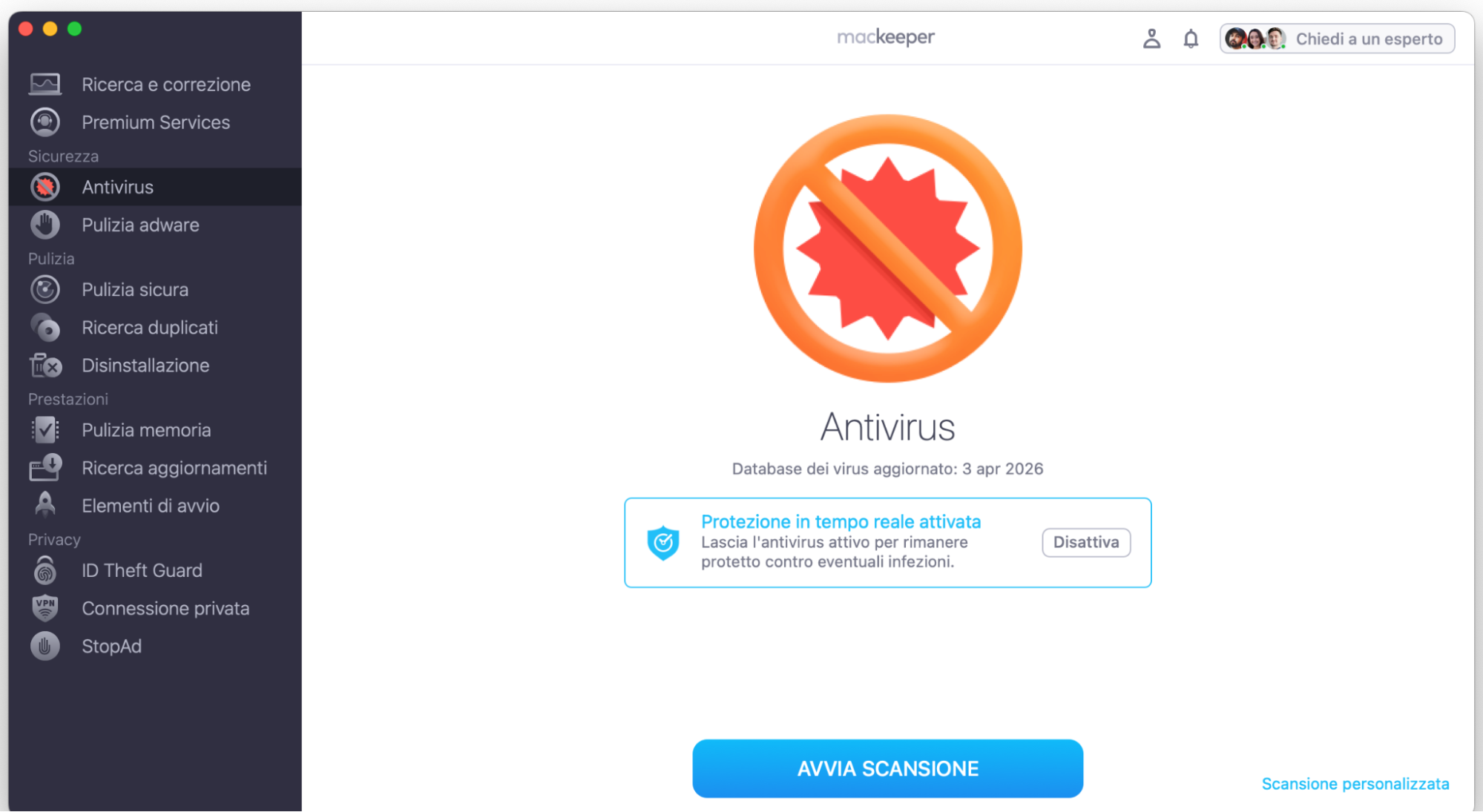 Per usare Antivirus di MacKeeper, apri l’app, seleziona Antivirus nel pannello laterale sinistro e fai clic sul pulsante Avvia scansione.