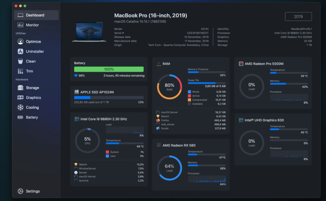 Sensei Dashboard on a MacBook Pro monitoring CPU, RAM, battery, graphics, storage and temperature in real time to see what is slowing your Mac.