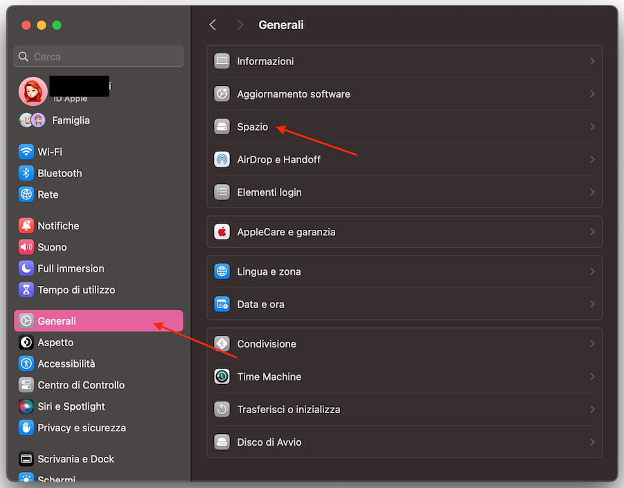 Le Impostazioni di Sistema su Mac mostrano il menu “Generali”. Clicca su “Spazio” per vedere quanto spazio è occupato e iniziare a pulire il tuo Mac.