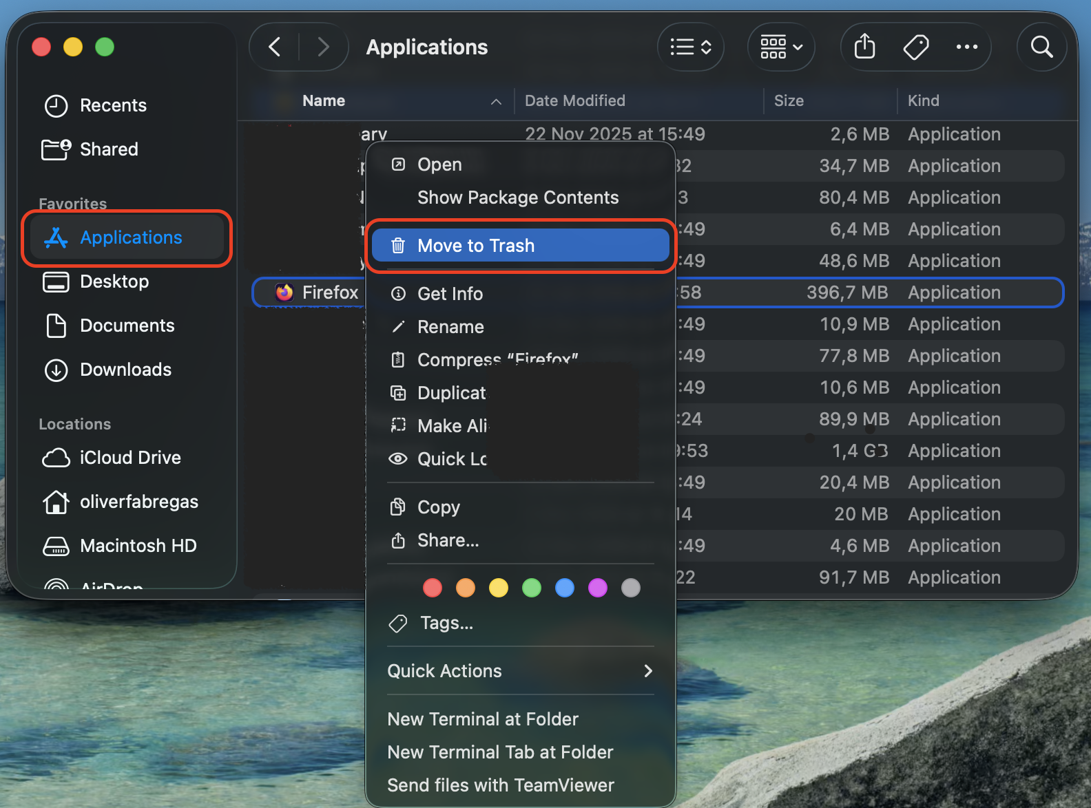 In the Applications folder on your Apple computer, select Firefox, then right-click the icon, and move it to the Trash.