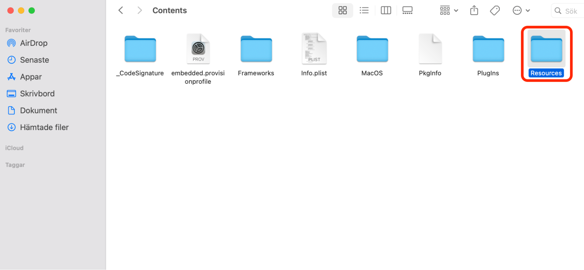 Mappen Contents för en installerad app på Mac. Du hittar oanvända språkfiler i mappen Resources, och dessa kan tas bort för att frigöra utrymme på Mac.
