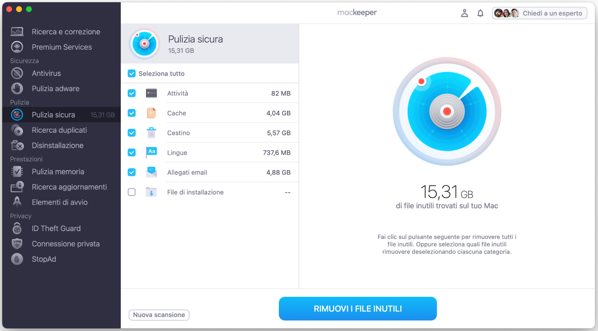 La funzione Pulizia Sicura è aperta e avviata in MacKeeper per farti conoscere lo strumento di pulizia principale dell’app. Vedi il risultato della scansione e la quantità di dati indesiderati trovati sul Mac e consigliati per la rimozione.