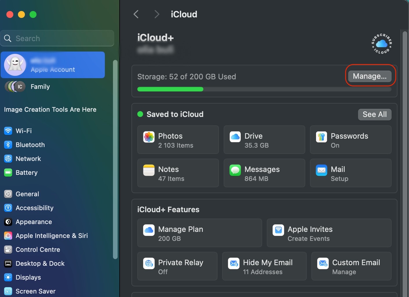 The user’s iCloud settings are opened on a MacBook device. Click on Manage to fix the Syncing with iCloud paused message on a Mac.