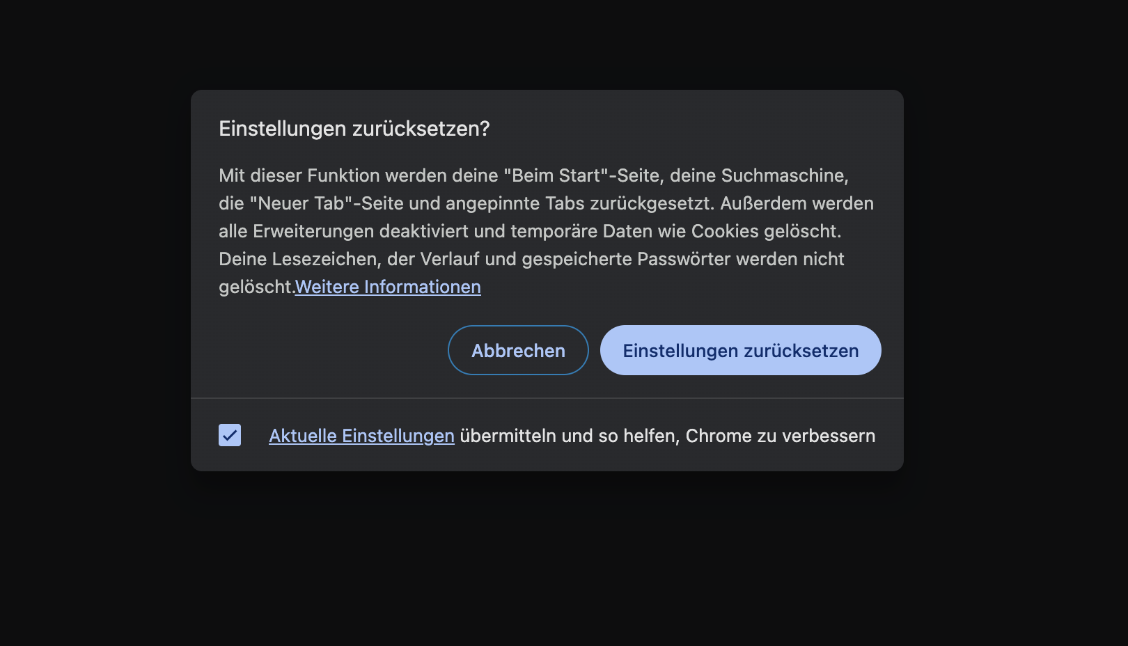 Klicken Sie auf die Schaltfläche Einstellungen zurücksetzen, um den Vorgang abzuschließen.