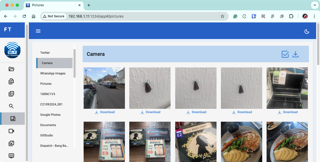 Now, on your Mac, enter the URL and that you got from the WiFi File Transfer app in a web browser. Make sure to include the port number. You can now browse your Android device and download photos from it.