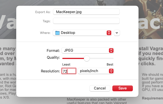 Give your JPG file a name and say where you want to save it to. Then select 'JPEG' from the 'Format' dropdown menu and click the 'Save' button.
