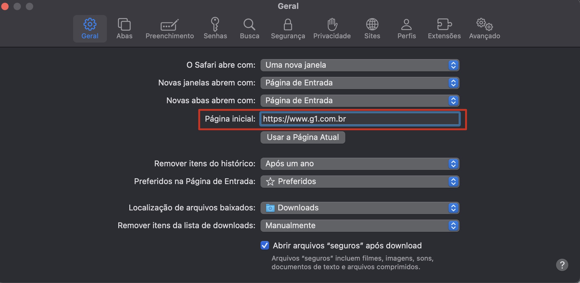 No painel de configurações do Safari, selecione a aba Geral e, ao lado de Página inicial, verifique se a página está configurada conforme sua preferência.
