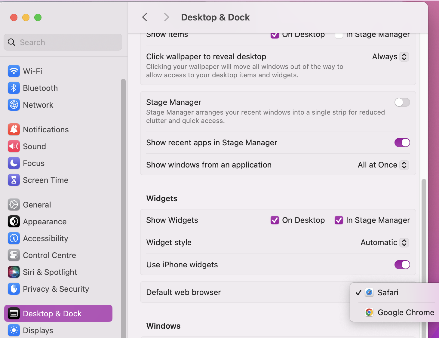 Scroll down the page until you see Default Web Browser. On the right-hand side, click on the box and change it to Safari to set it as your default browser on Mac.
