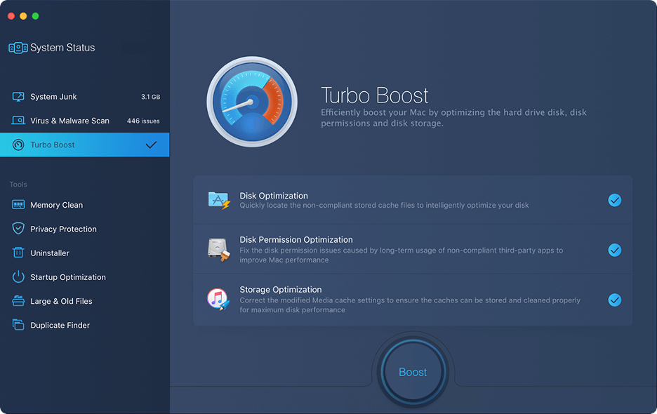 MacBooster includes great optimizing tools to speed up your Mac disk like Turbo Boost.