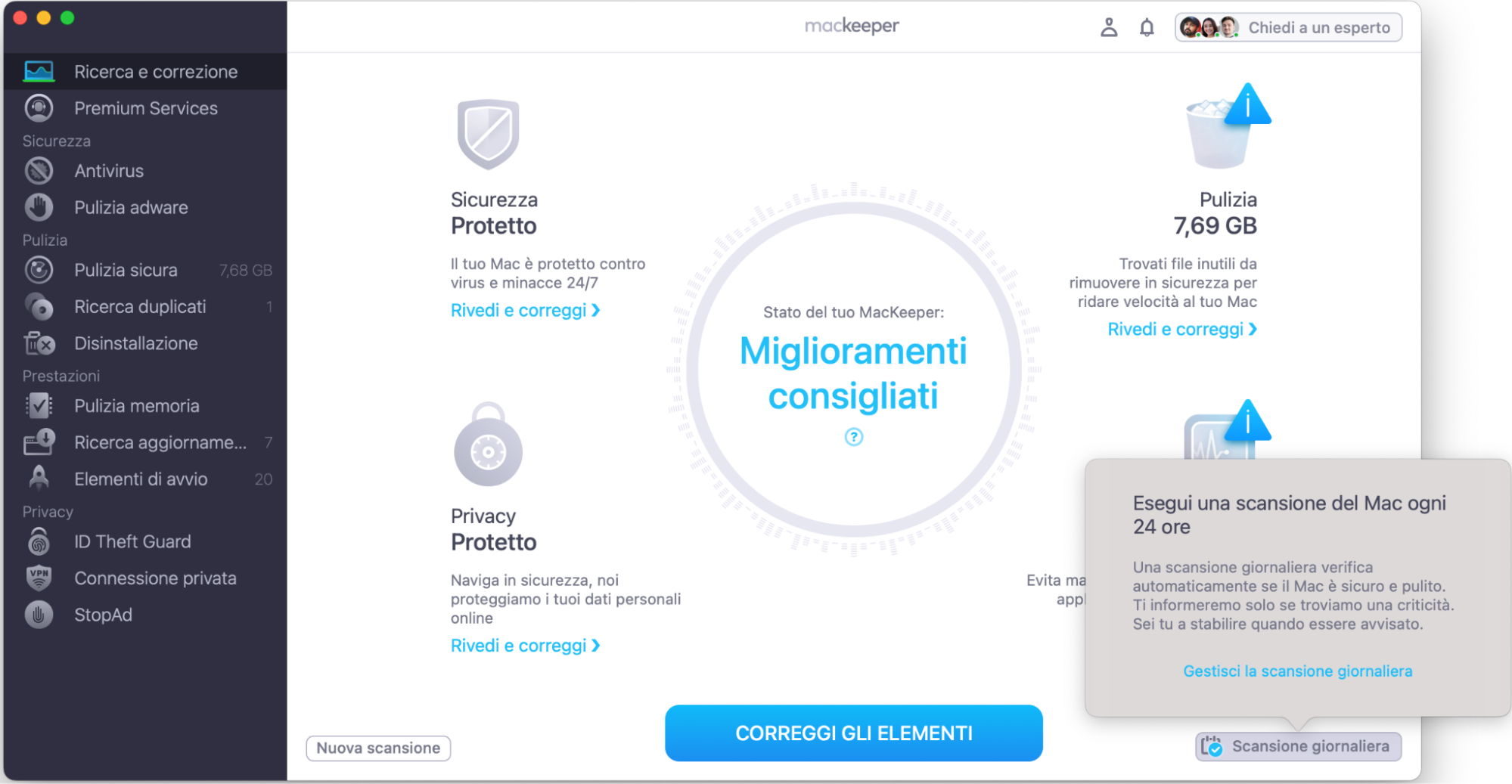 Clicca su Scansione giornaliera nell'angolo in basso a destra per attivare una scansione quotidiana del Mac alla ricerca di problemi.
