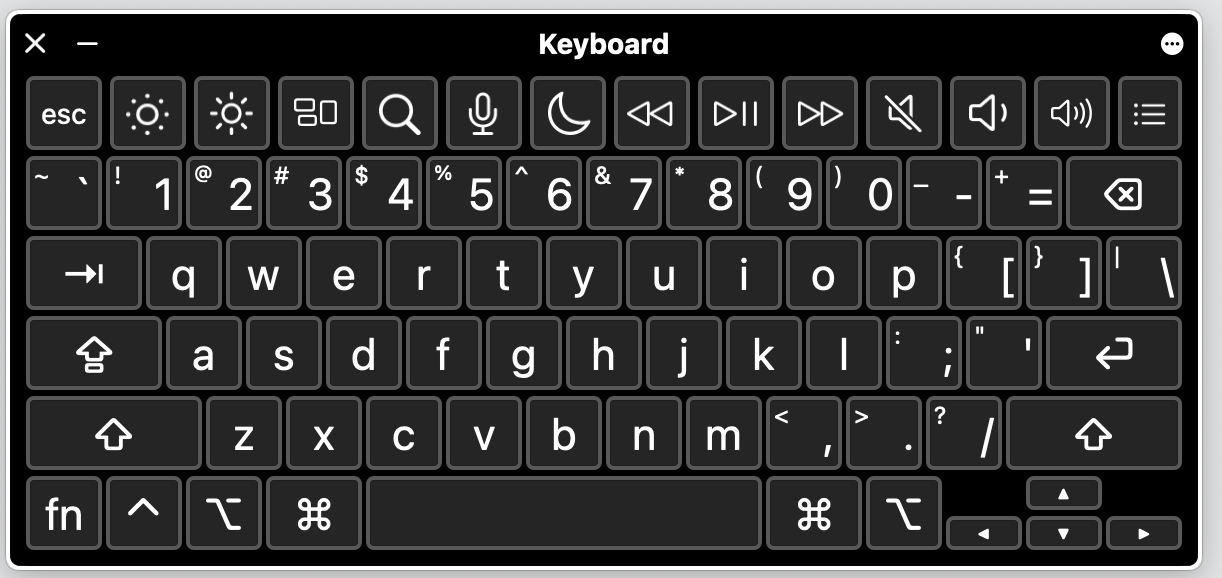 macOS Accessibility Keyboard floating on a Mac desktop screen, letting you click keys with the mouse when the physical keyboard fails.