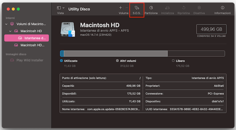 In Utility Disco, clicca sul disco di avvio che desideri controllare e poi premi il pulsante SOS nell’angolo in alto a destra dello schermo.