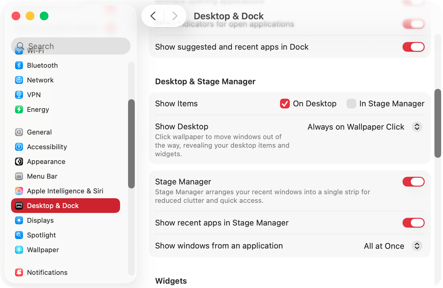 Alternatively, you can enable Stage Manager from your Mac’s System Settings. You’ll find the setting you want under ‘Desktop & Dock’.