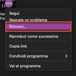 Un menu contestuale che appare dopo aver fatto clic sull'icona delle impostazioni di un podcast in Podcast su Mac. Fare clic su Rimuovi per eliminare i vecchi podcast e liberare spazio sul disco del Mac.