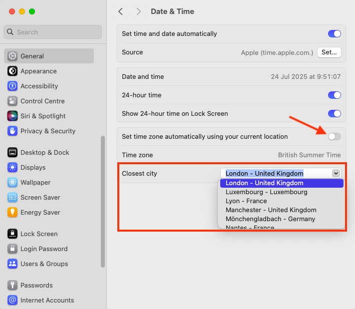 The Closes city picker in the Date & Time settings on Mac. When set date and time automatically on Mac is not working, try disabling automatic time zone settings and using the Closest city dropdown to set your time zone manually.