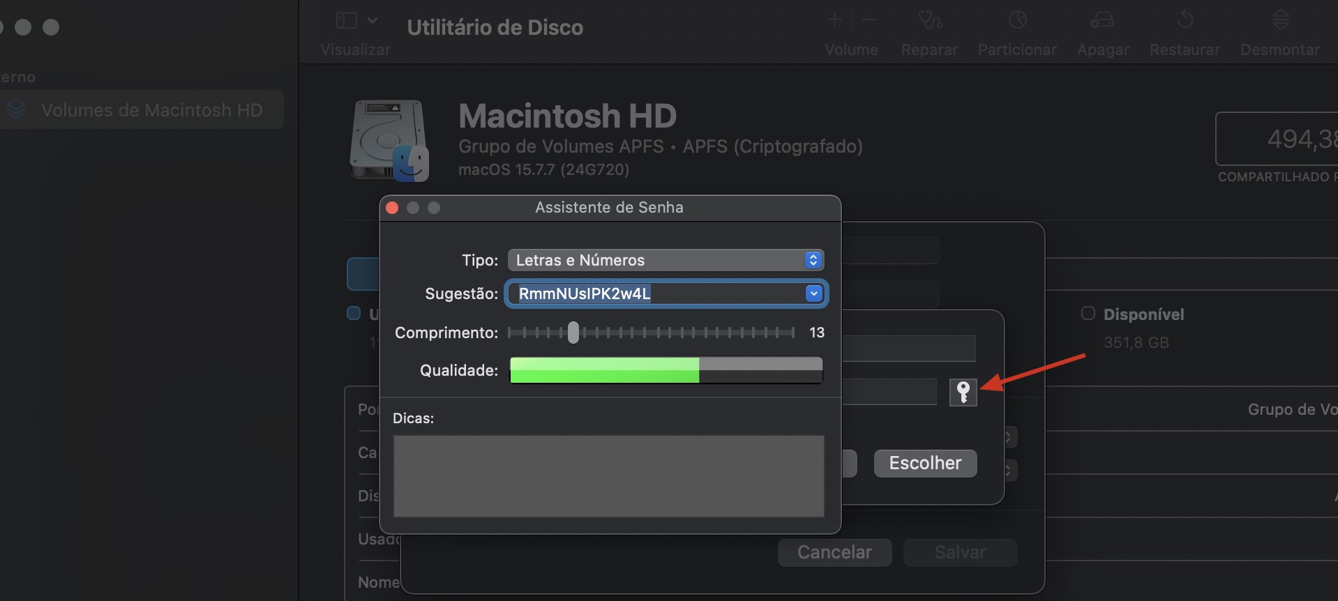Como forma alternativa, você pode clicar no ícone de chave e deixar o macOS criar uma senha forte para você. Clique novamente em Escolher quando terminar.  