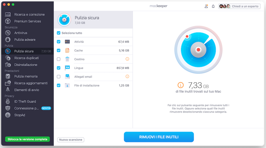 Una volta completata la scansione, potrai visualizzare tutti i file inutili e i dati accumulati nel tempo nascosti nel tuo Mac. Seleziona tutto ciò che desideri eliminare con MacKeeper e premi Rimuovi i file inutili quando sei sicuro: una volta cancellati, non sarà possibile recuperarli.