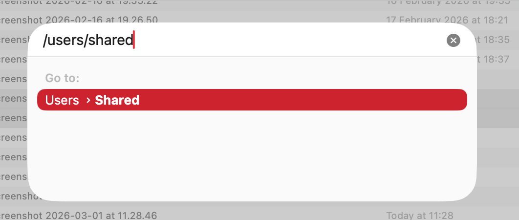 Now enter /Users/Shared, and you should see the folder appear in a list below where you're typing. Press Enter to navigate to that folder.
