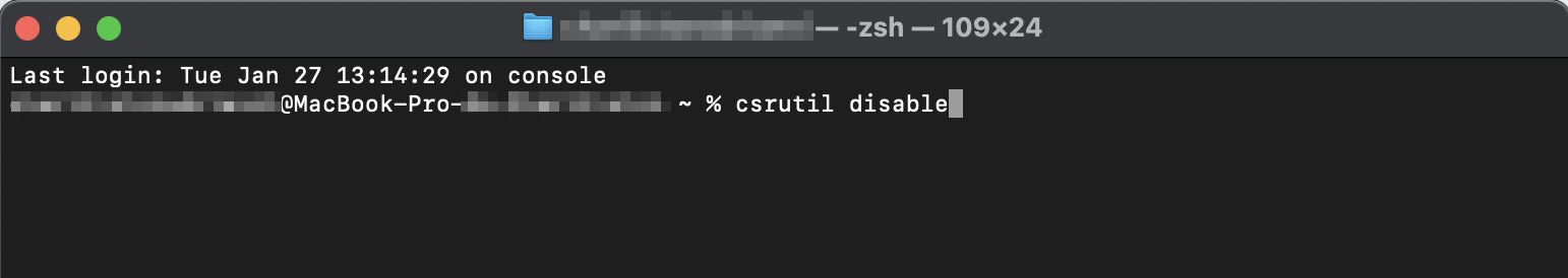 Para desativar a Proteção de Integridade do Sistema, digite `csrutil disable` e pressione Enter.